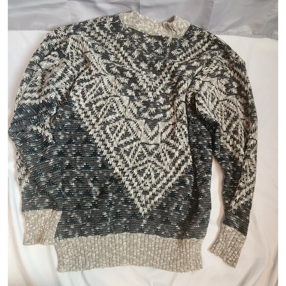 Vintage Mens V-Neck Sweater Large Black Tan Geometric Knit Grandpacore 90s